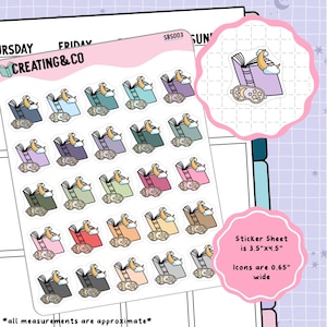 May include: A sticker sheet featuring multiple colorful stickers. Each sticker depicts an open book with a crescent moon wearing a nightcap and a pair of eye masks. The sticker sheet is 3.5" x 4.5", and the icons are 0.65" wide. The text "CREATING&CO" is visible.