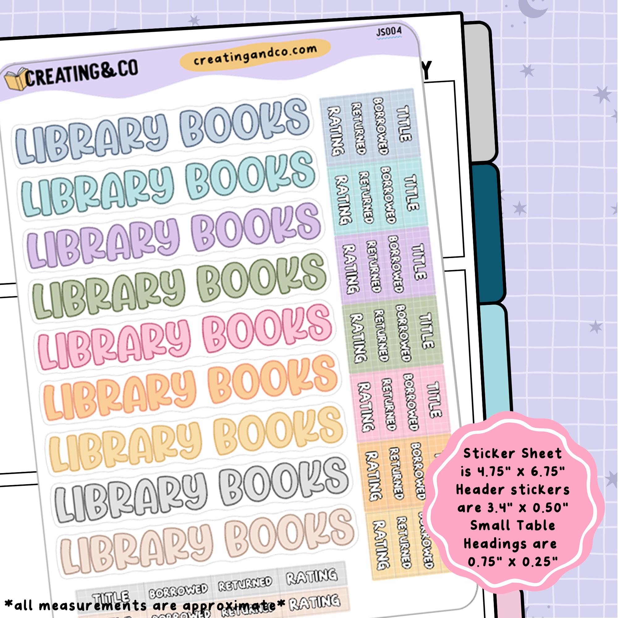 Library Books Header Stickers + Table Headings Planner Sticker Sheet ...