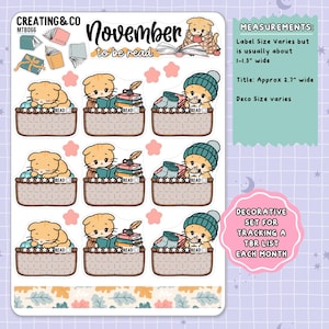May include: A sticker sheet featuring November to be read text, orange cat illustrations, and reading-themed icons. The sheet includes nine rectangular tracking labels, each 1-1.3 inches wide, with cat designs, books, and mugs. A bottom strip displays autumn leaves.
