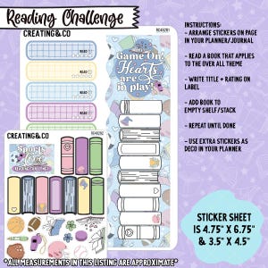 May include: Sticker sheets for a reading challenge, featuring various designs. Includes stickers with book graphics, reading trackers, and the text "Game On! Hearts are in play!" and "Sports Love Reading Challenge". The sticker sheet measures 4.75" x 6.75" and 3.5" x 4.5".
