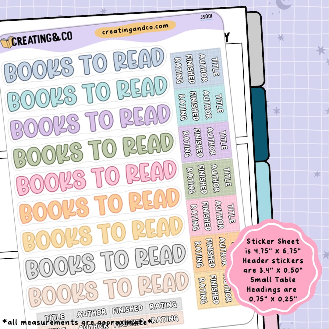 Read Header Books to Read Header Stickers + Table Headings Planner Sticker Sheet ...