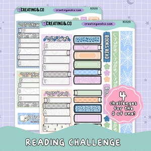 May include: Two sticker sheets with a reading challenge theme. The sheets feature colorful book-shaped stickers, decorative strips, and the text "READING CHALLENGE." One sheet has the text "4 challenges for the $ of one!"