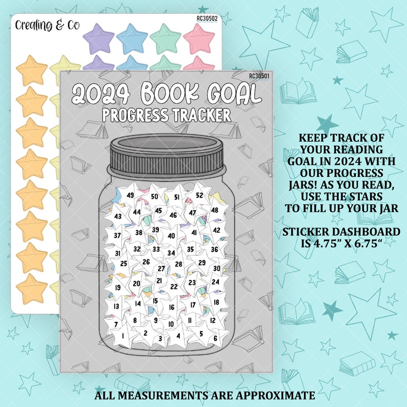 Yearly Reading Goal Jar Tracker 5x7 Dashboard and Sticker Tracker 52 Books RC305 image 1