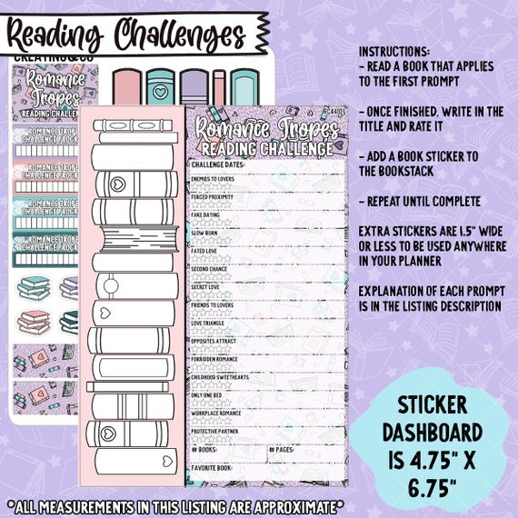 Romance Tropes Reading Challenge 5x7 Dashboard and Sticker Trackers - RC441