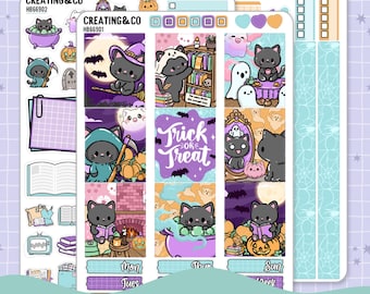 May include: A set of Halloween-themed planner stickers featuring black cats, ghosts, pumpkins, and books. The stickers include illustrations of cats in witch hats, reading, and playing with potions, with text reading Trick or Treat and Creating & Co.