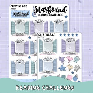 May include: Two sticker sheets with a "Starbound Reading Challenge" theme. The stickers feature window designs with zodiac signs, stars, and dragons. The text "READING CHALLENGE" is at the bottom.