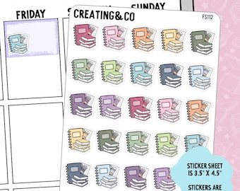 May include: A sheet of functional stickers measuring 3.5 inches by 4.5 inches, featuring 24 colourful illustrations of stacked notebooks with pencils. The stickers are 0.65 inches wide. The text "Creating & Co" and "FS112" are visible on the sheet.