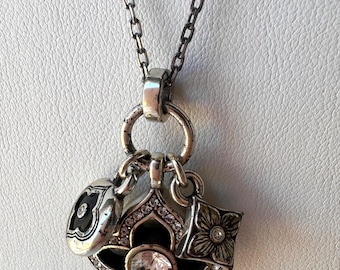 Brighton Silver Tone Three Charm With Clear Crystals Necklace