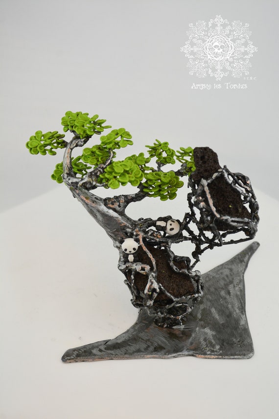 Welded metal sculpture  Bonsai float green leafs