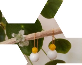 Boucles d'oreilles - argent 925 doré à l'or fin (vermeil) et pièces en verre - blanc et jaune.