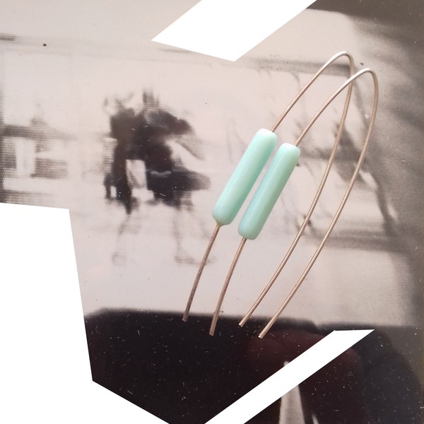 Light, modern, graphic, minimal sterling silver earrings -   with blue glass tube. 5 or 6 cm.
