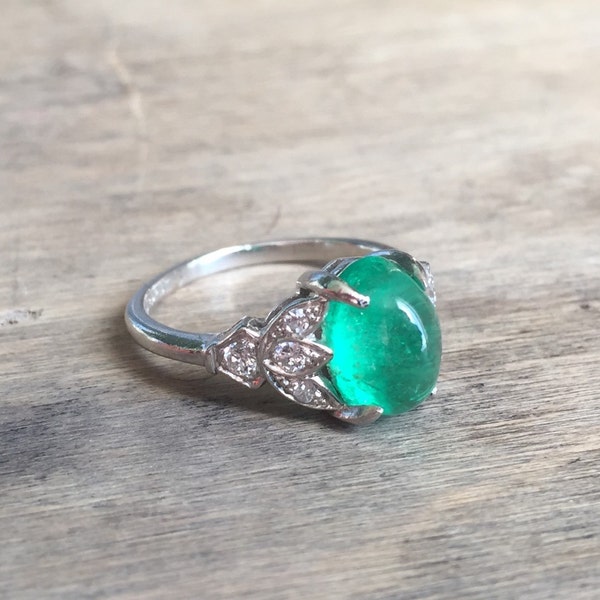 Reserved for S please do not purchase Mid-century Columbian cabochon emerald, platinum, and diamond ring