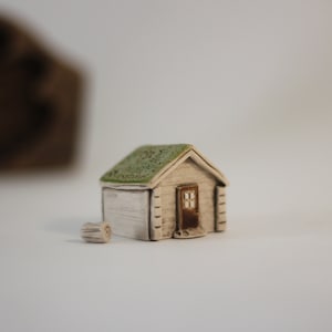 Norway House with Wood Log - Forest Cabin - Ceramic Little House - Tree House - Terrarium House - Handmade Ceramic - set of 2