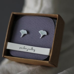 Minimalist Porcelain Ginkgo Stud Earrings - Celedon Ginkgo Leaf Earring - Porcelain Earring - Handmade Earring - Porcelain Jewelry