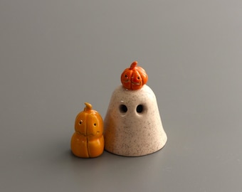 Handmade Ceramic Pumpkin Ghost Set of 2 - Tiny Halloween Decor - Fall Decor
