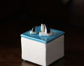 Ceramic Box with Penguin Family - Handmade ceramic Box with House - Ceramic Jewellery Box