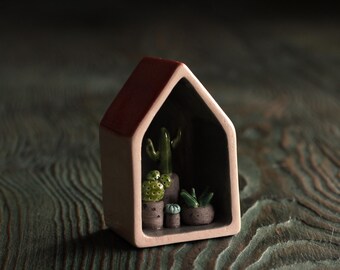 Miniature Ceramic House with Cactus, Handmade Tiny Succulent Shelf Decor, Small Pottery House, Whimsical Plant Lover Gift, Mini Home Decor
