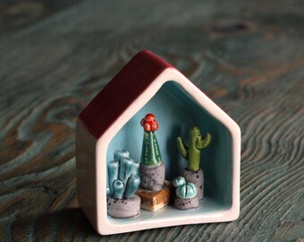 Miniature Ceramic House with Cactus, Handmade Turquoise Pottery House, Tiny Cactus Shelf Decor, Desert Plant Lover Gift