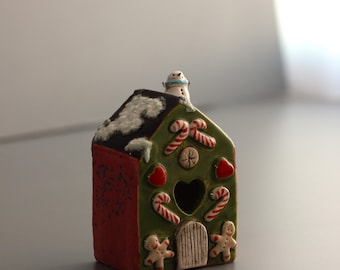 Handmade Ceramic Christmas Gingerbread House | Snowman & Candy Cane Miniature | Holiday Home Decor Gift