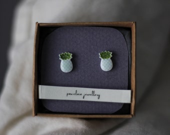 Minimalist Porcelain Blue Pineapple Stud Earrings - Fruit Earrings - Porcelain Earring - Gift for Mom - Porcelain Jewelry