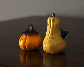 Handmade Ceramic Pumpkin Couple: Halloween Decor Set