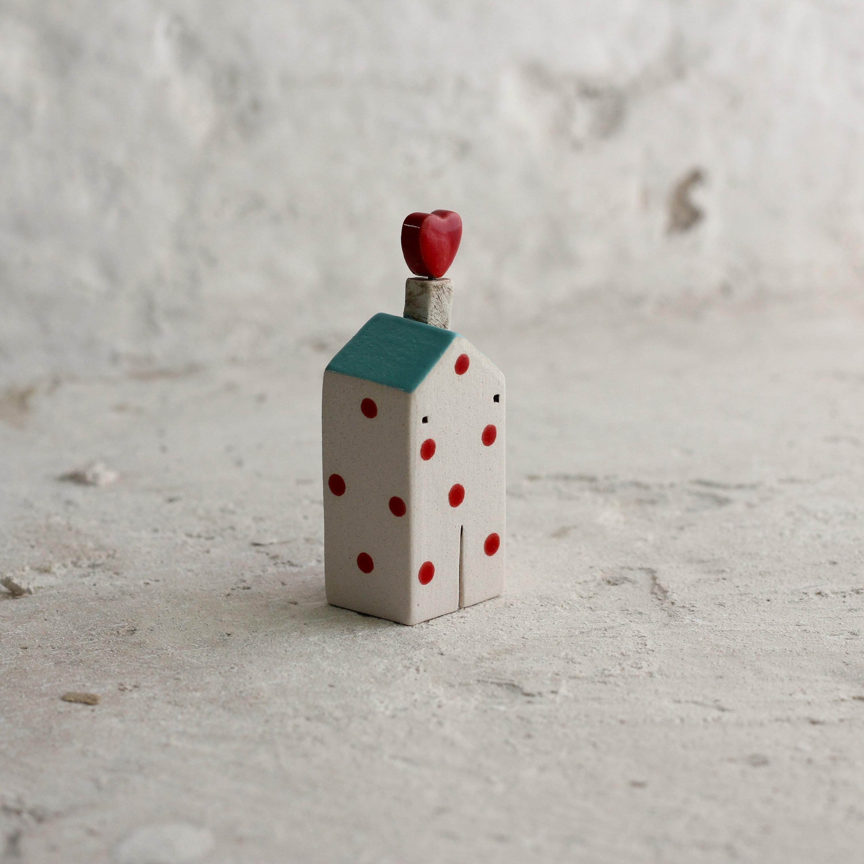 Ceramic Love House - Miniature Ceramic House - Cozy Red Heart Cottage - Sculpture, Miniatures - Small desk decor - Naive Art