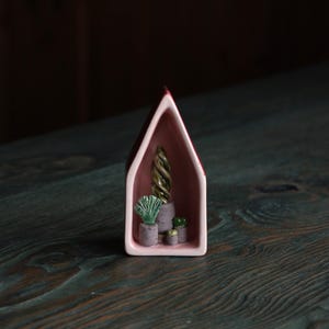 May include: A small ceramic house-shaped planter with a red roof and pink interior. It contains three miniature potted plants and a tall, twisted green plant. The planter is set on a dark wooden surface.