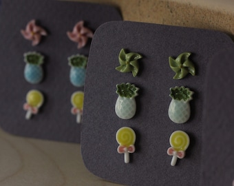 Minimalist Porcelain Stud Earrings: Paperplane, Pineapple, Lollipop - Set of 3
