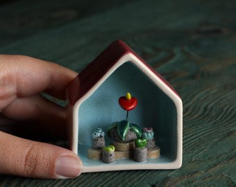 Miniature Ceramic House with Anthurium, Handmade Succulent Shelf Decor, Tiny Blue Pottery House, Plant Lover Gift, Botanical Home Decor
