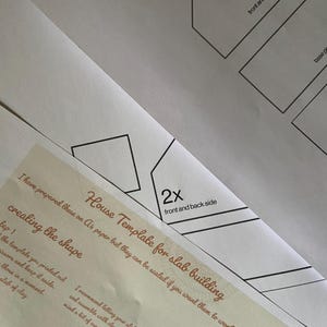 May include: A printable template for building a slab house. The template includes instructions for creating the shape and assembling the pieces. The text on the template reads "House Template for Slab Building".