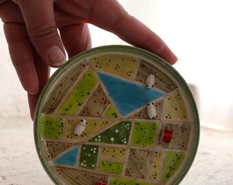 Handmade Ceramic Village Plate – Miniature House & Sheep Ring Dish