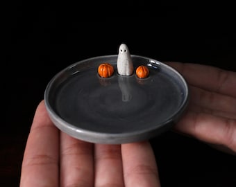 Handmade Ceramic Halloween Ring Dish: Ghost and Pumpkins