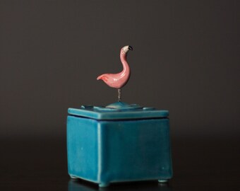 Ceramic Box with Pink Flamingo - Handmade ceramic Box with House - Ceramic Jewellery Box