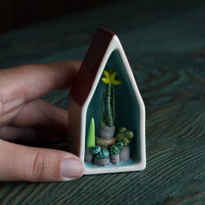 May include: A small ceramic house with a red roof and white edges, containing miniature potted cacti and succulents. The inside is turquoise, contrasting with the green plants and grey pots. The house is held in a hand.