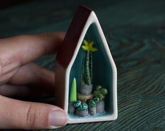 Miniature Ceramic House with Cactus, Handmade Tiny Plant Shelf Decor, Turquoise Pottery House, Succulent Decor, Plant Lover Gift