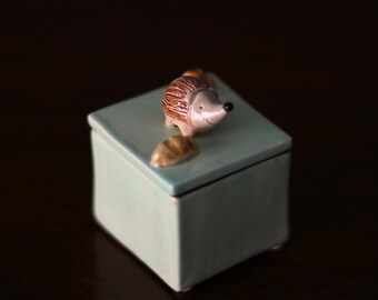 Ceramic Box with Cute Hedgehog  - Handmade ceramic Box with House - Ceramic Jewellery Box