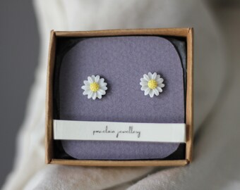 Minimalist Porcelain Daisy Stud Earrings: Stainless Steel Backs