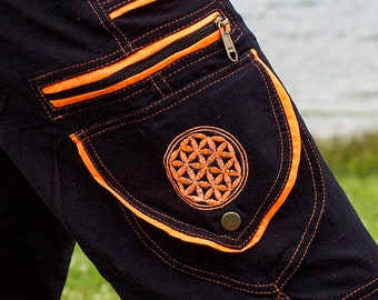Flower of Life Pants - 2 in 1 pants - 9 pockets custom size UV orange embroidery sacred geometry clamdiggers comfortable and heat adjustive