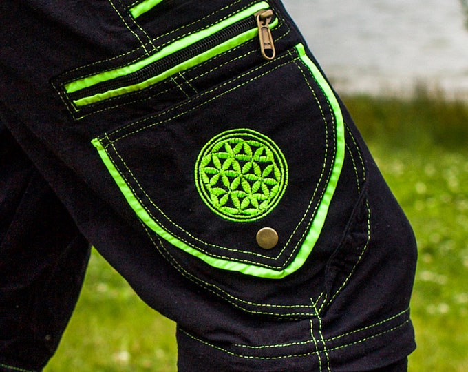 Flower of Life Pants - 2 in 1 pants - 9 pockets custom size handmade sacred geometry clamdiggers comfortable and heat adjustive