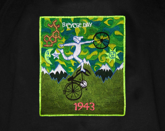 Green Psycycle Day LSD T-Shirt Albert Hofmann Bicycle Day art handmade embroidery no print psychedelic goa tshirt hippie shirt