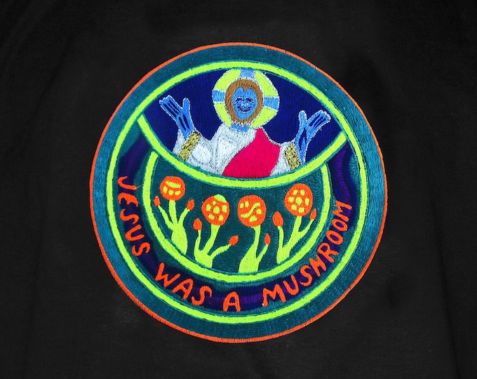 Jesus was a Mushroom T-Shirt blacklight handmade embroidery no print goa t-shirt