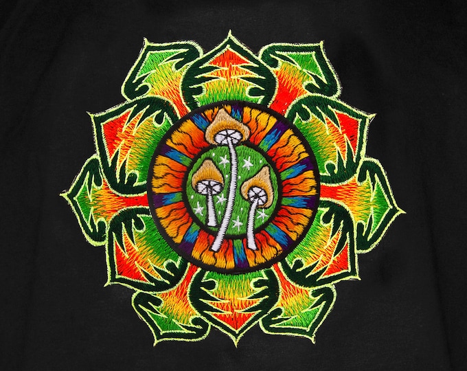 Green Magic Mushroom T-Shirt Shrooms Mandala handmade embroidery yantra goa tshirt psychedelic psy trance shirt Mckenna mandala