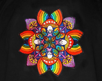 Rainbow Flymushroom T-Shirt Mandala Shrooms embroidery handmade mushroom yantra goa tshirt psychedelic psy trance shirt mandala psychedelic