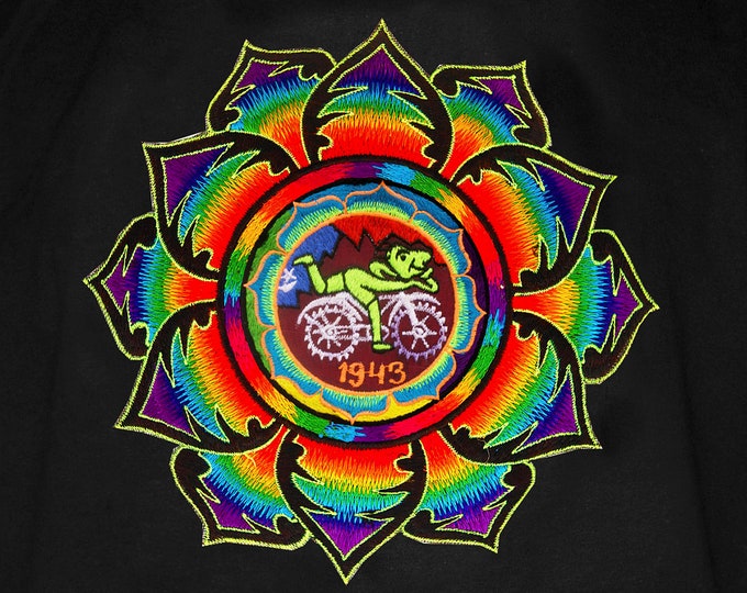 Rainbow Hofmann LSD T-Shirt Bicycle Day blacklight handmade embroidery no print goa tshirt psychedelic Bicycleday Goa Trance Mandala art