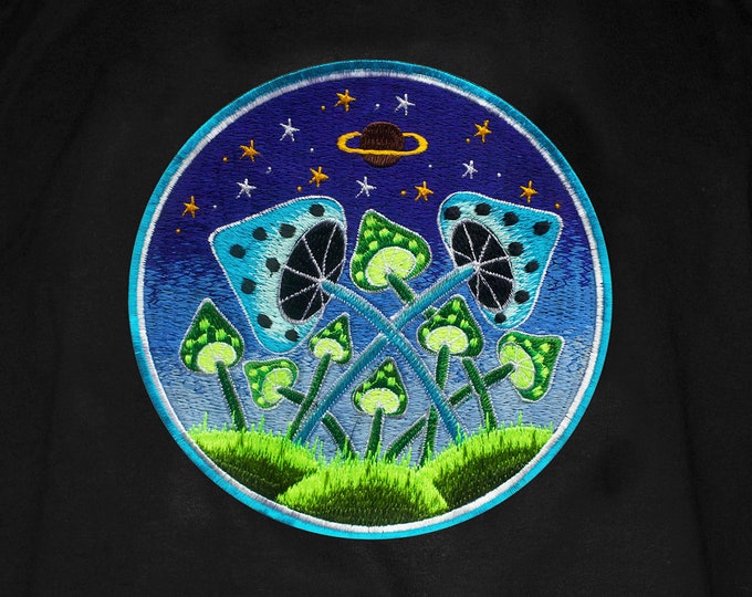 Blue Magic Mushroom T-Shirt Space Mandala Shrooms embroidery handmade mushroom yantra goa tshirt psychedelic psy trance mandala shirt