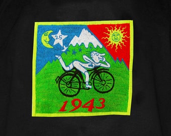 Hofmann Bicycle Day LSD T-Shirt blacklight handmade embroidery no print goa t-shirt Timothy Leary Albert Hofmann vintage bicycleday art