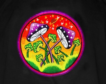 Magic Mushroom Planet T-Shirt blacklight handmade embroidery no print goa t-shirt