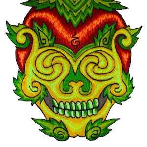 May include: Embroidered patch with a green, yellow, and red skull design. The skull has a stylized, ornate design with swirling patterns and leaves. The skull is wearing a green and orange crown.