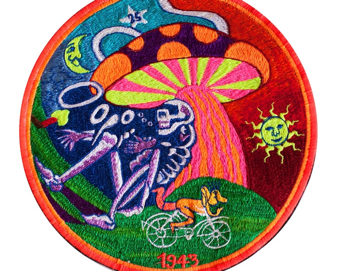 Bicycle Day Magic Mushroom UV blacklight Patch LSD psychedelic skeleton