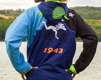 LSD Bicycle Day UV jacket in Blue & Black - blacklight active 4 pockets flower of life hoody Albert Hofmann vintage art psychedelic clothing